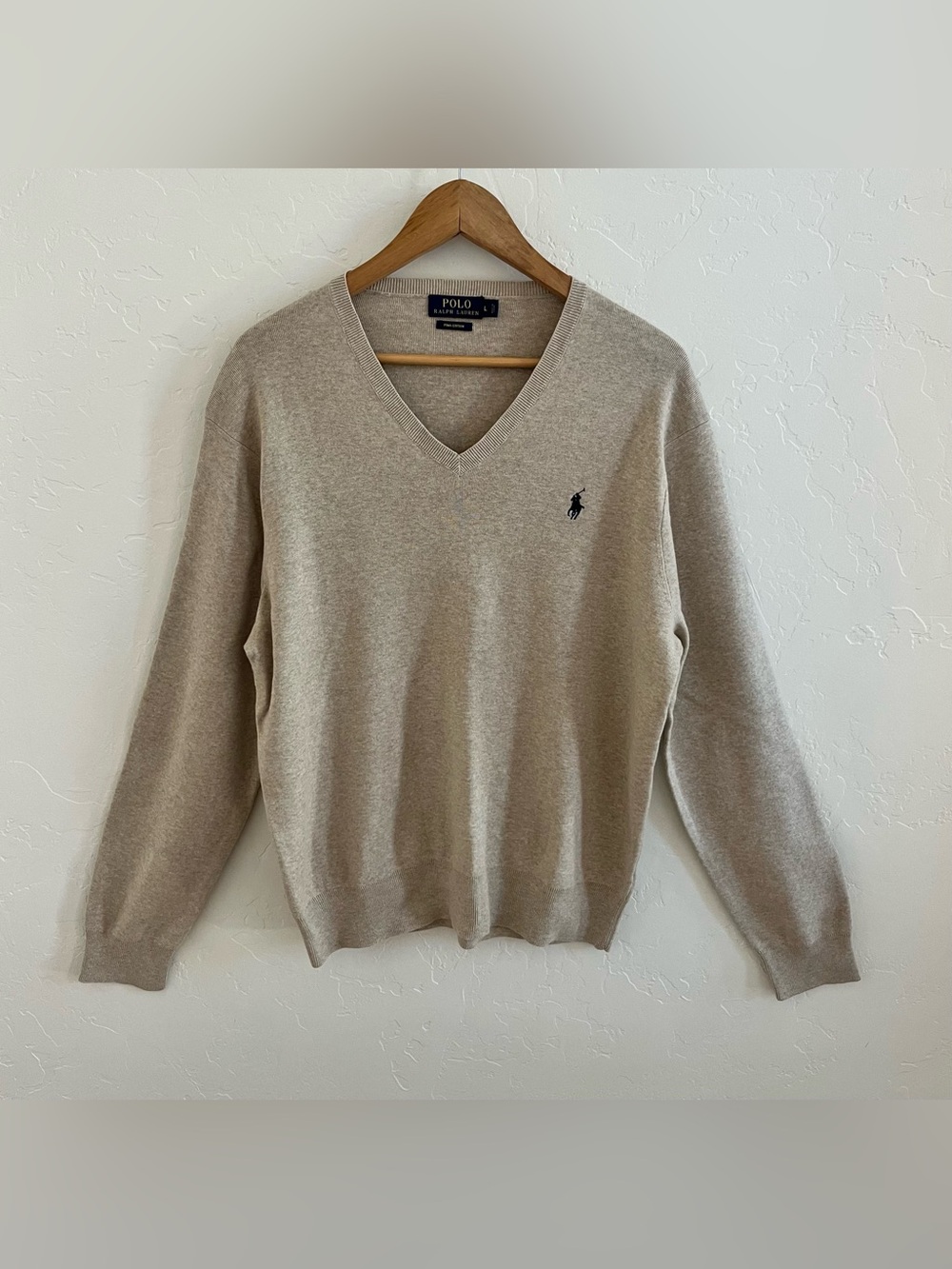 Polo Ralph Lauren Sweater Men's Large Biege V-Neck Pima Cotton Long Sleeve